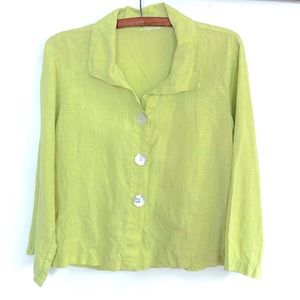 Linen blouse, abalone buttons, spring green, excellent condition.